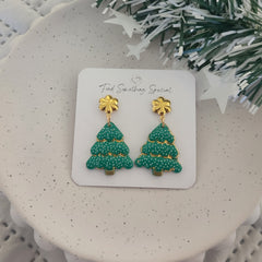 Polymer Clay Earrings - Christmas Tree White Dots