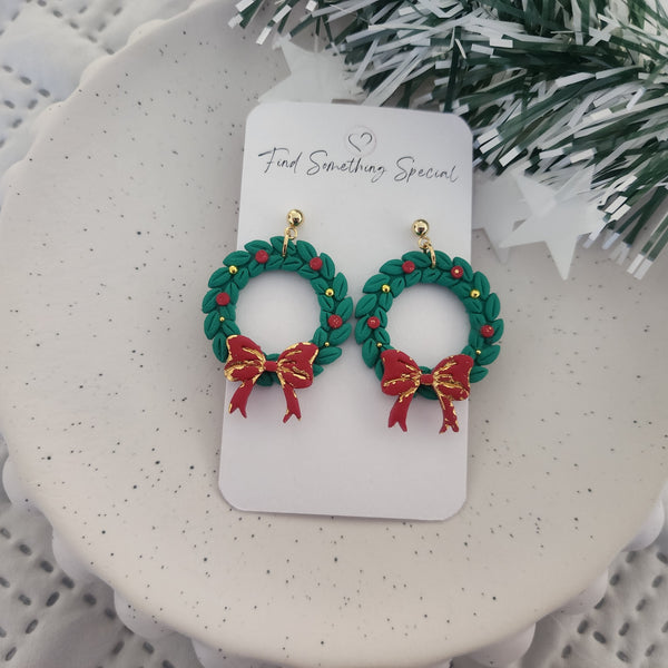 Polymer Clay Earrings - Traditional Christmas Wreath